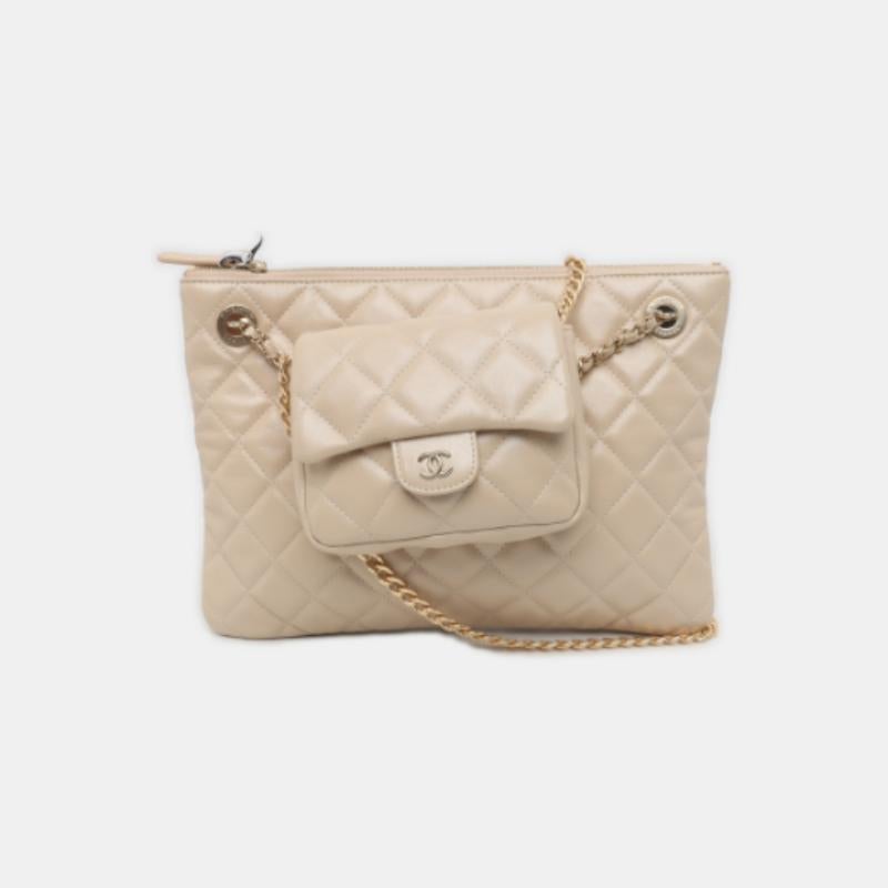 Chanel Beige Iridescent Lambskin Quilted Pouch with Mini Flap Purse 5
