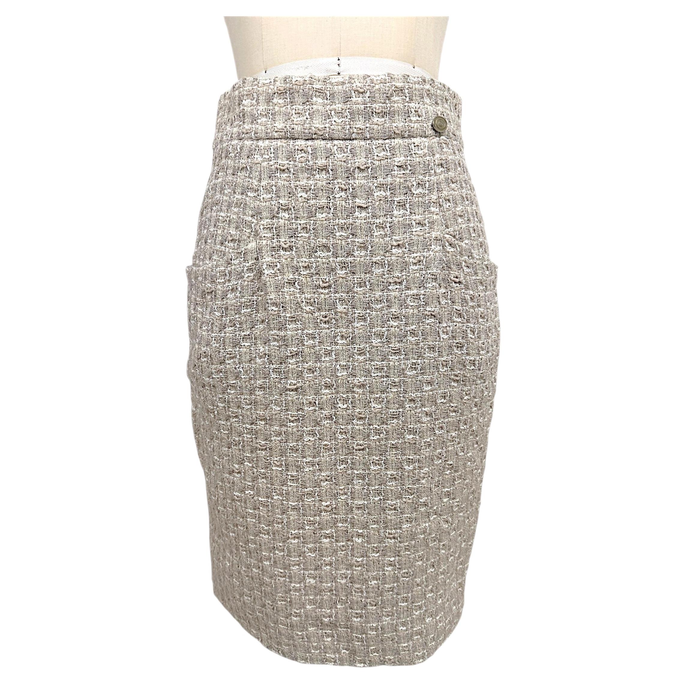 Chanel Beige Ivory Fantasy Tweed Pencil Skirt with CC Button Details FR 34