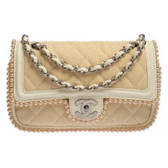 Chanel Beige/Ivory Quilted Canvas and Leather Faux Pearl Double Flap Shoulder Ba