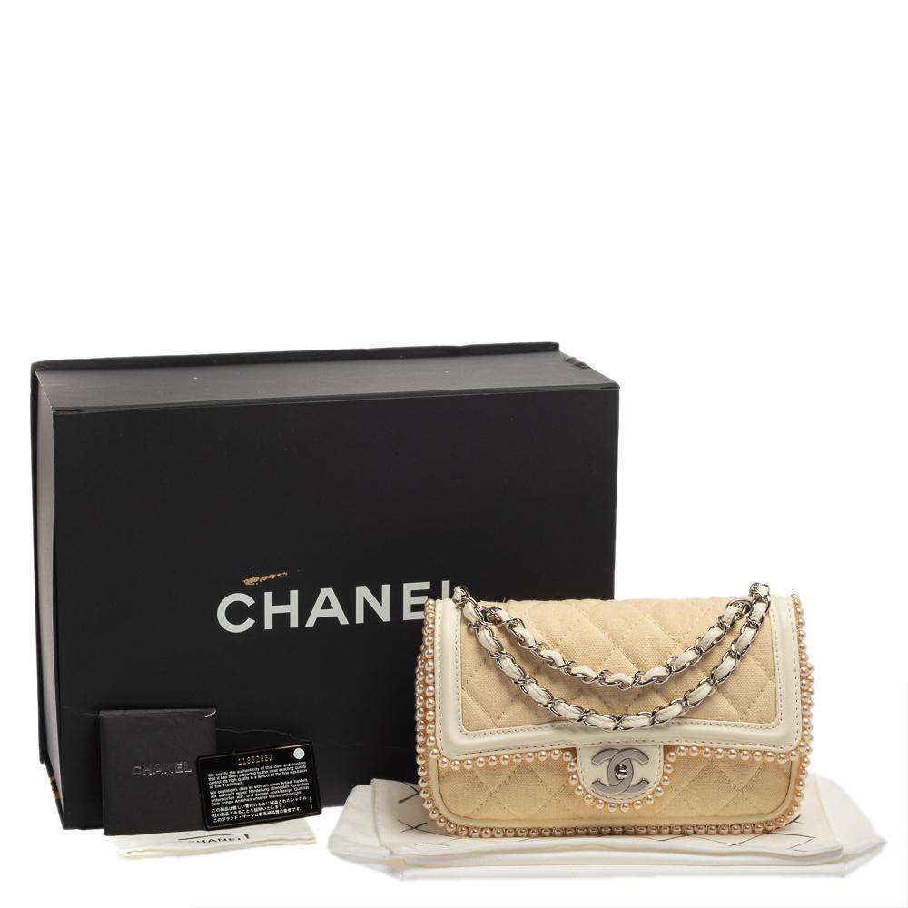 Chanel Beige/Elfenbein Gesteppte Canvas Faux Pearl Double Flap Umhängetasche 8