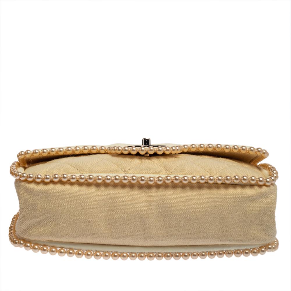 Chanel Beige/Elfenbein Gesteppte Canvas Faux Pearl Double Flap Umhängetasche 1