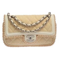 Chanel Beige/Ivory Quilted Canvas Faux Pearl Double Flap Shoulder Bag