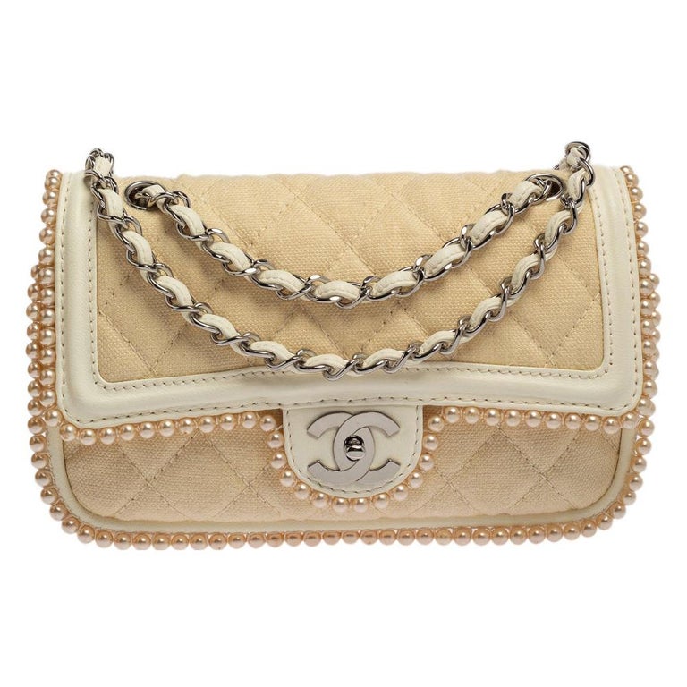 Chanel Beige/Ivory Quilted Canvas Faux Pearl Double Flap Shoulder Bag