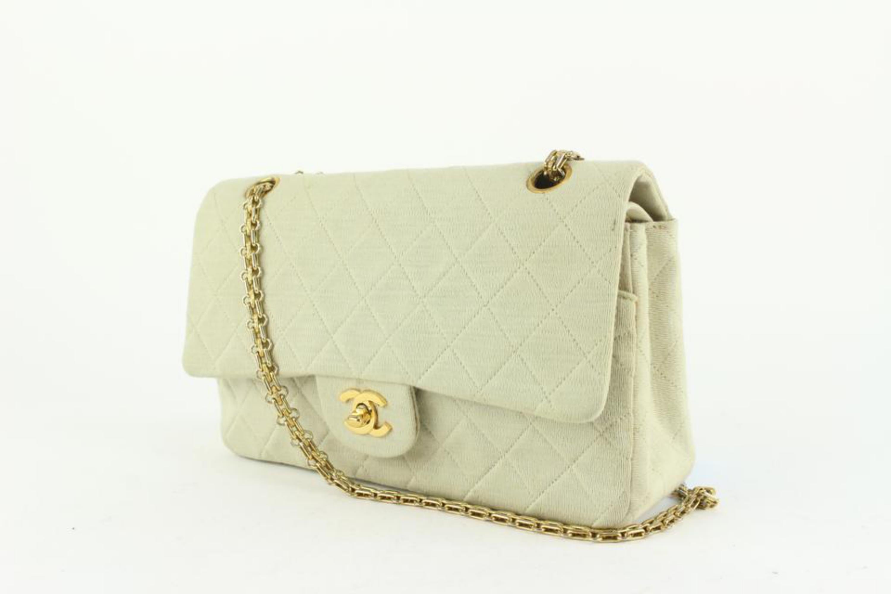 Chanel Beige Ivory Quilted Jersey Canvas Medium Classic Double Flap 114c43 For Sale 5