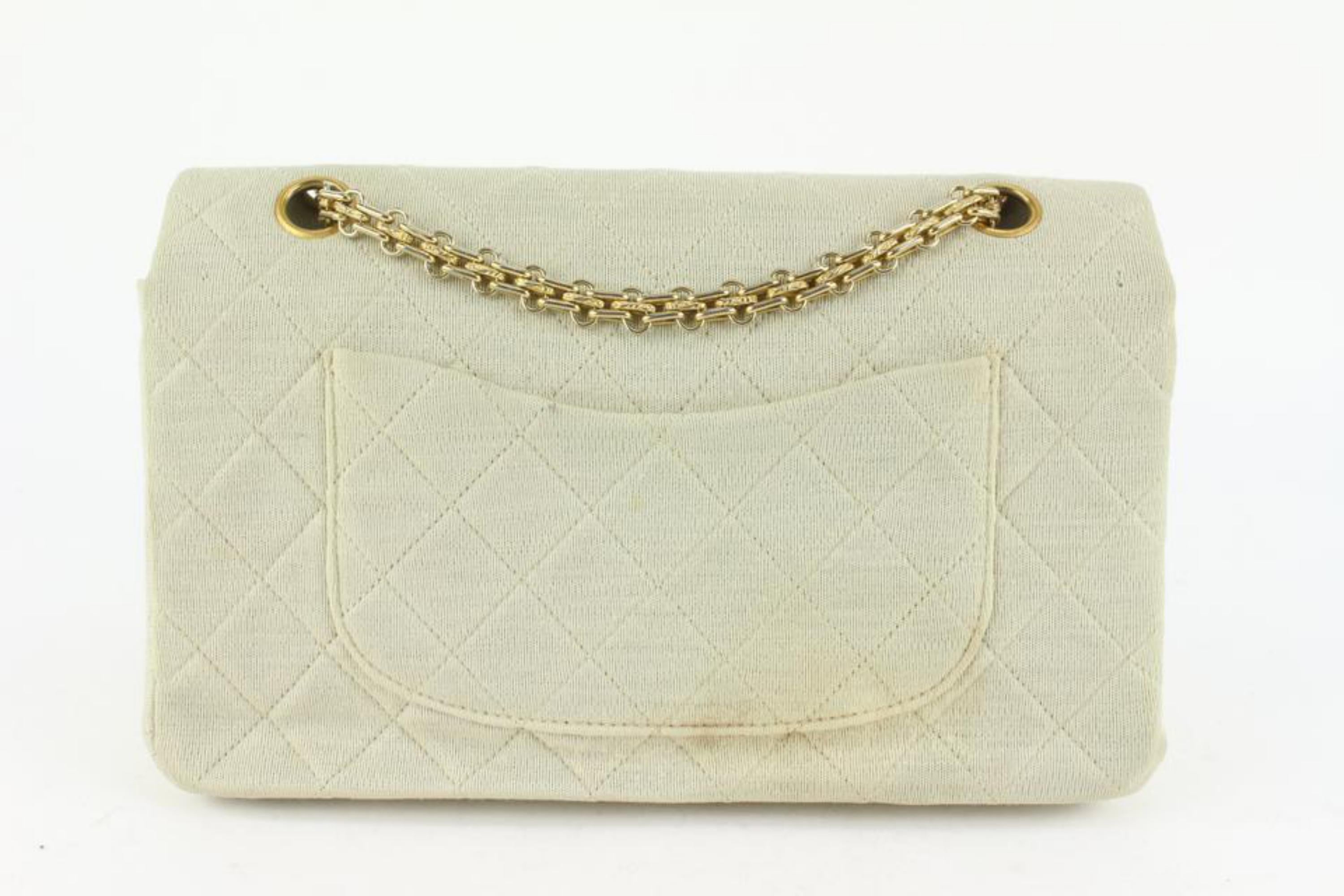 Chanel Beige Ivory Quilted Jersey Canvas Medium Classic Double Flap 114c43 For Sale 3