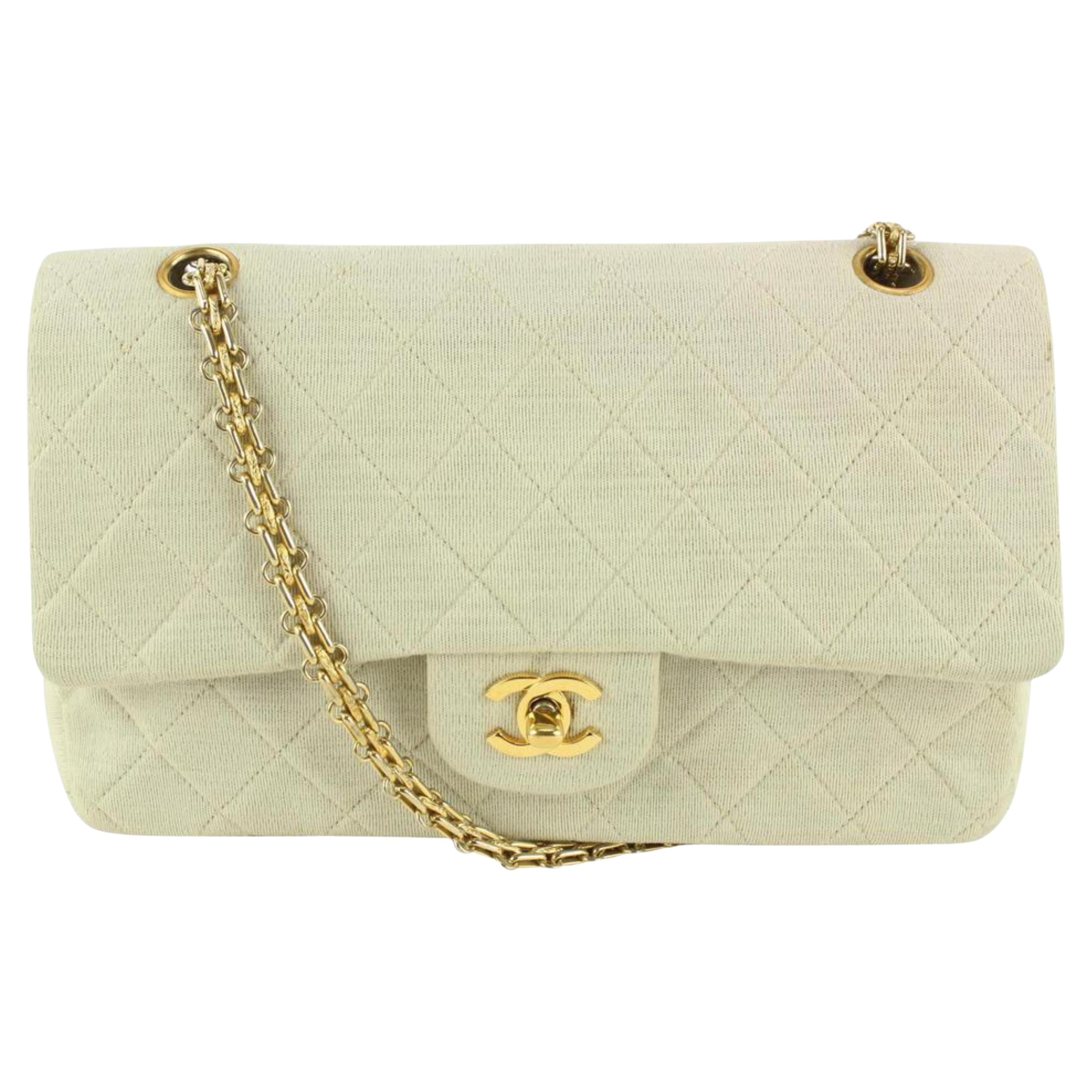 Chanel Beige Ivory Quilted Jersey Canvas Medium Classic Double Flap 114c43 For Sale