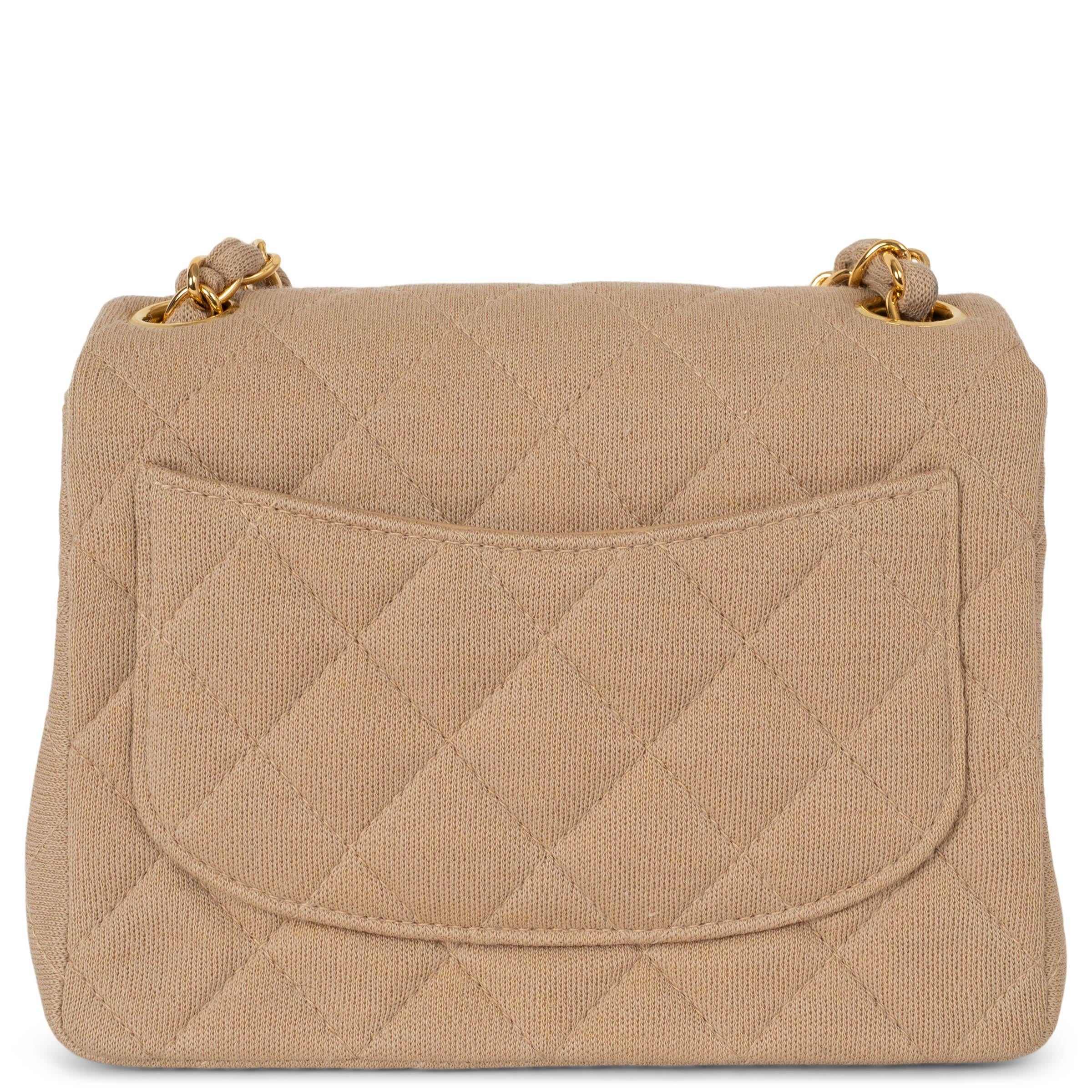 Beige CHANEL beige jersey CLASSIC MINI SQUARE FLAP Shoulder Bag For Sale