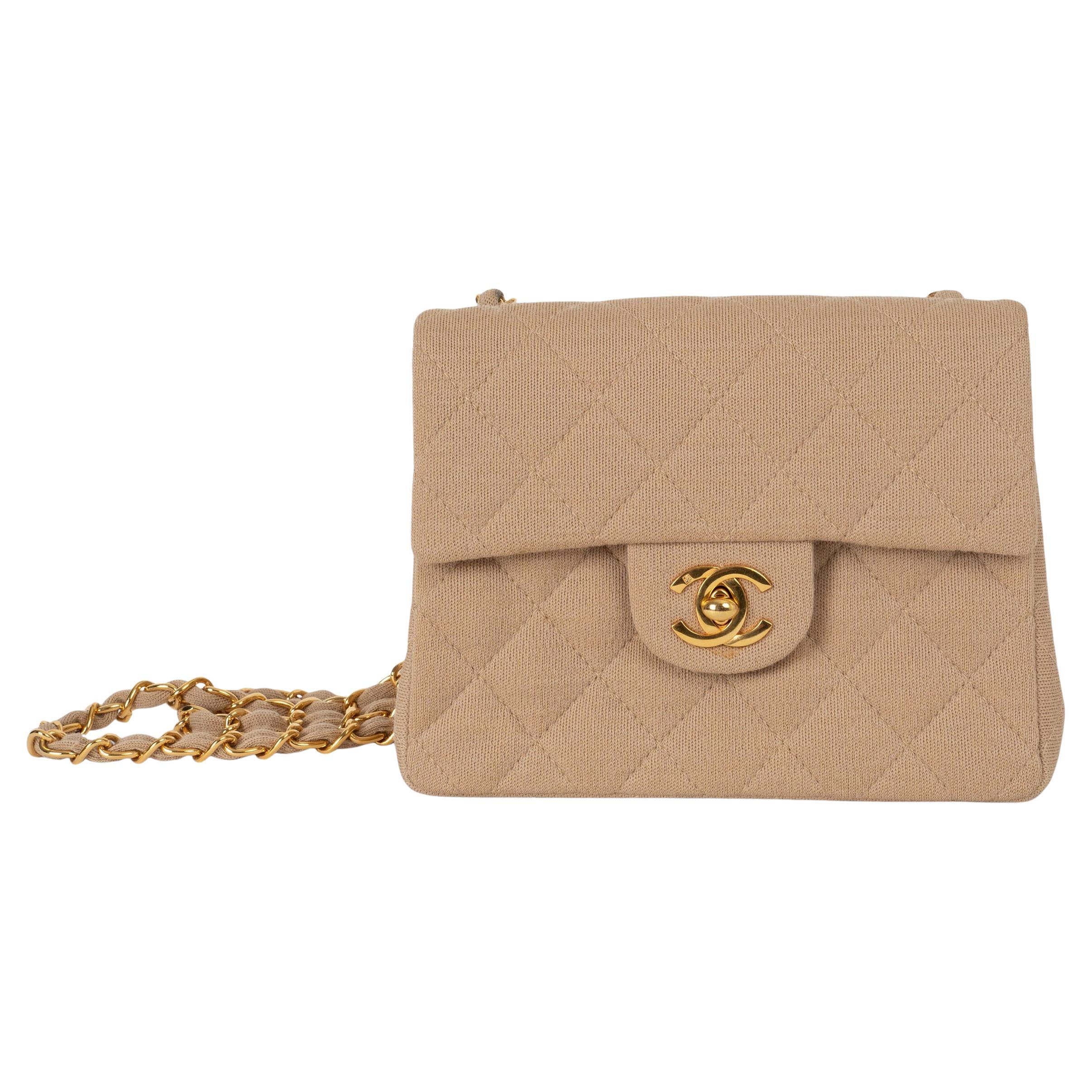 CHANEL beige jersey CLASSIC MINI SQUARE FLAP Shoulder Bag For Sale