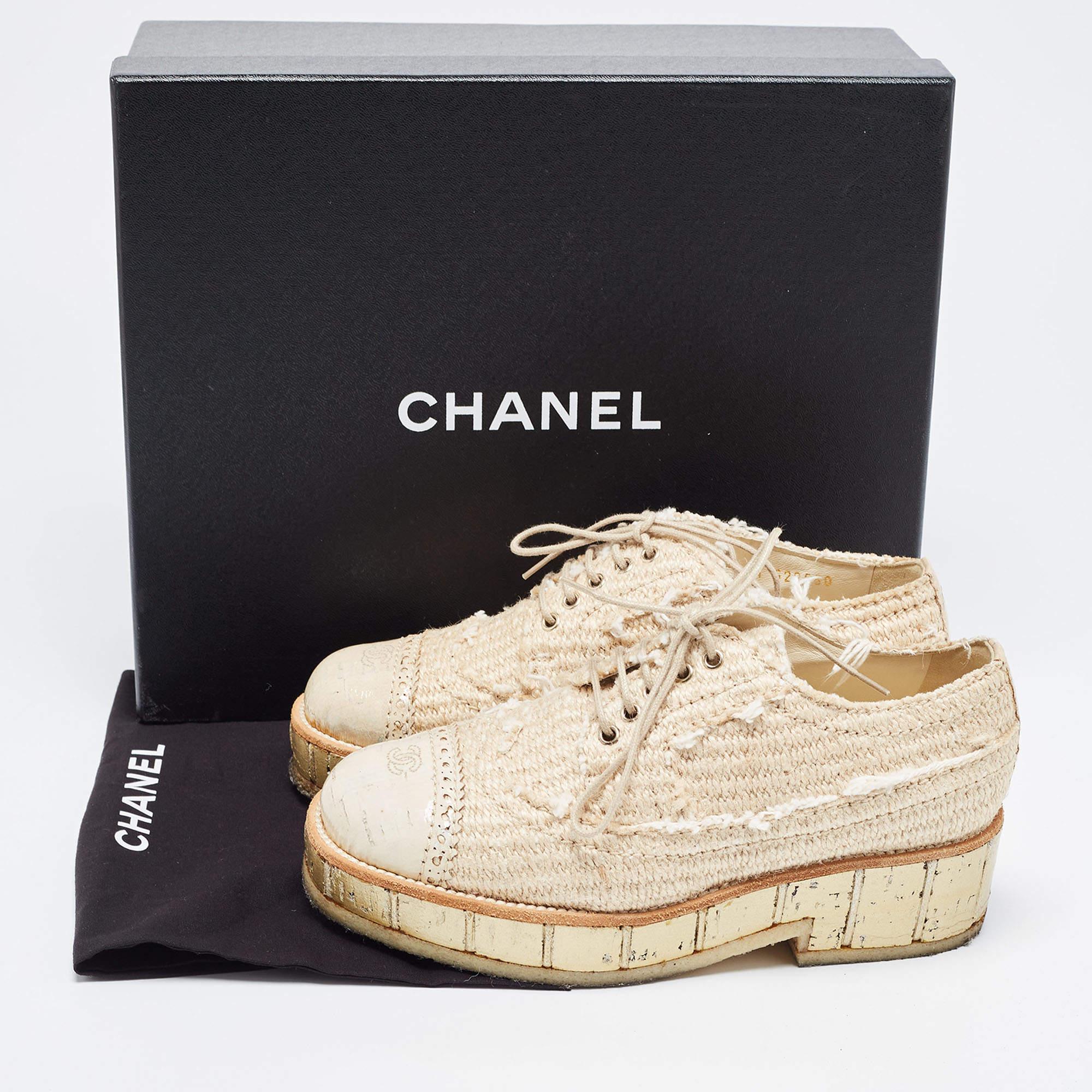 Chanel Beige Jute CC Cap Toe Lace Up Oxfords Size 36 For Sale 5