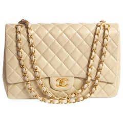 Chanel Beige Lamb Maxi Flap Satin Gold Bag