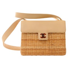 Chanel Beige Lambskin and Raffia Small Crossbody with Tortoise Hardware