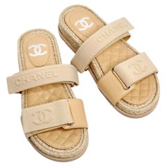 Chanel Beige Lambskin Espadrille Strap Sandals