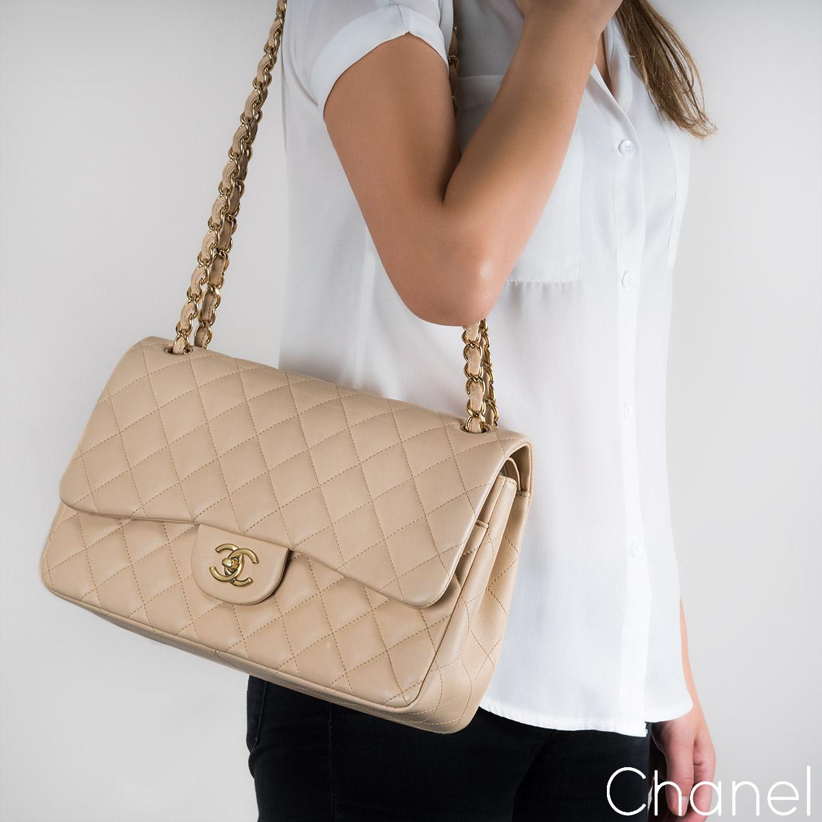 Chanel Beige Lambskin Jumbo Classic Double Flap Bag GHW For Sale 7