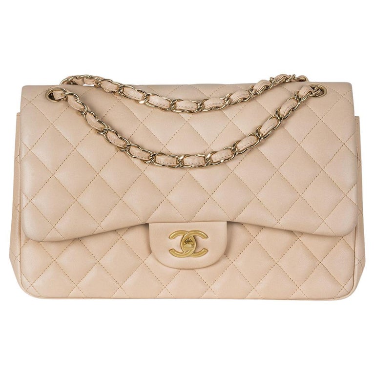 Chanel Beige Lambskin Jumbo Classic Double Flap Bag GHW For Sale