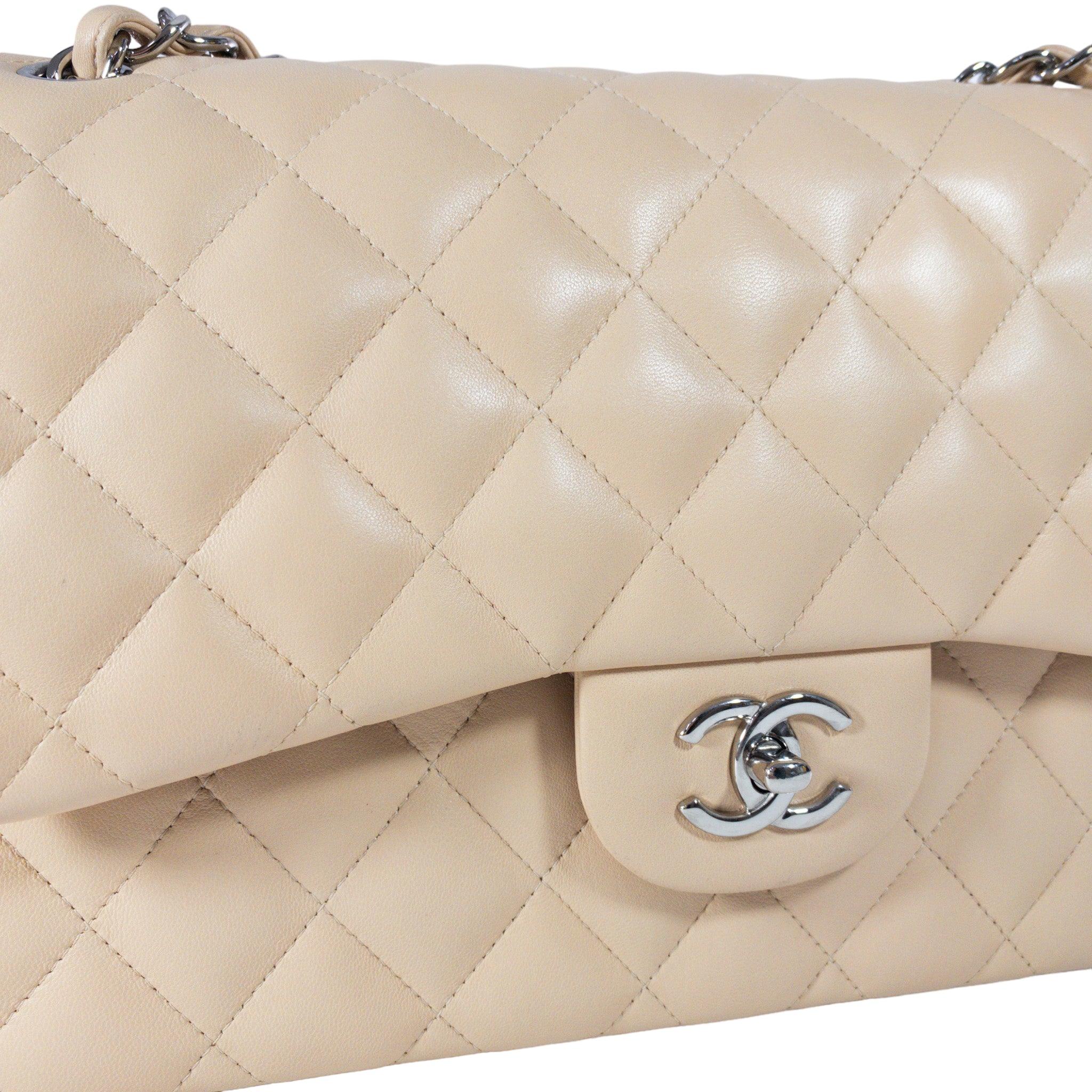 Chanel Beige Lambskin Jumbo Classic Flap SHW  For Sale 1