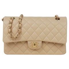 Chanel Beige Lambskin Leather 10" Medium Double Flap Classic Bag