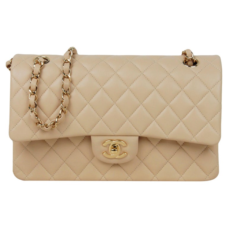 Chanel Beige Lambskin Leather 10 Medium Double Flap Classic Bag For Sale  at 1stDibs
