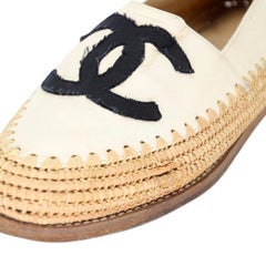 Chanel Beige Lambskin Leather CC Woven Raffia Espadrille Flats