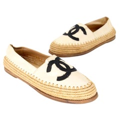 Chanel Beige Lambskin Leather CC Woven Raffia Espadrille Flats