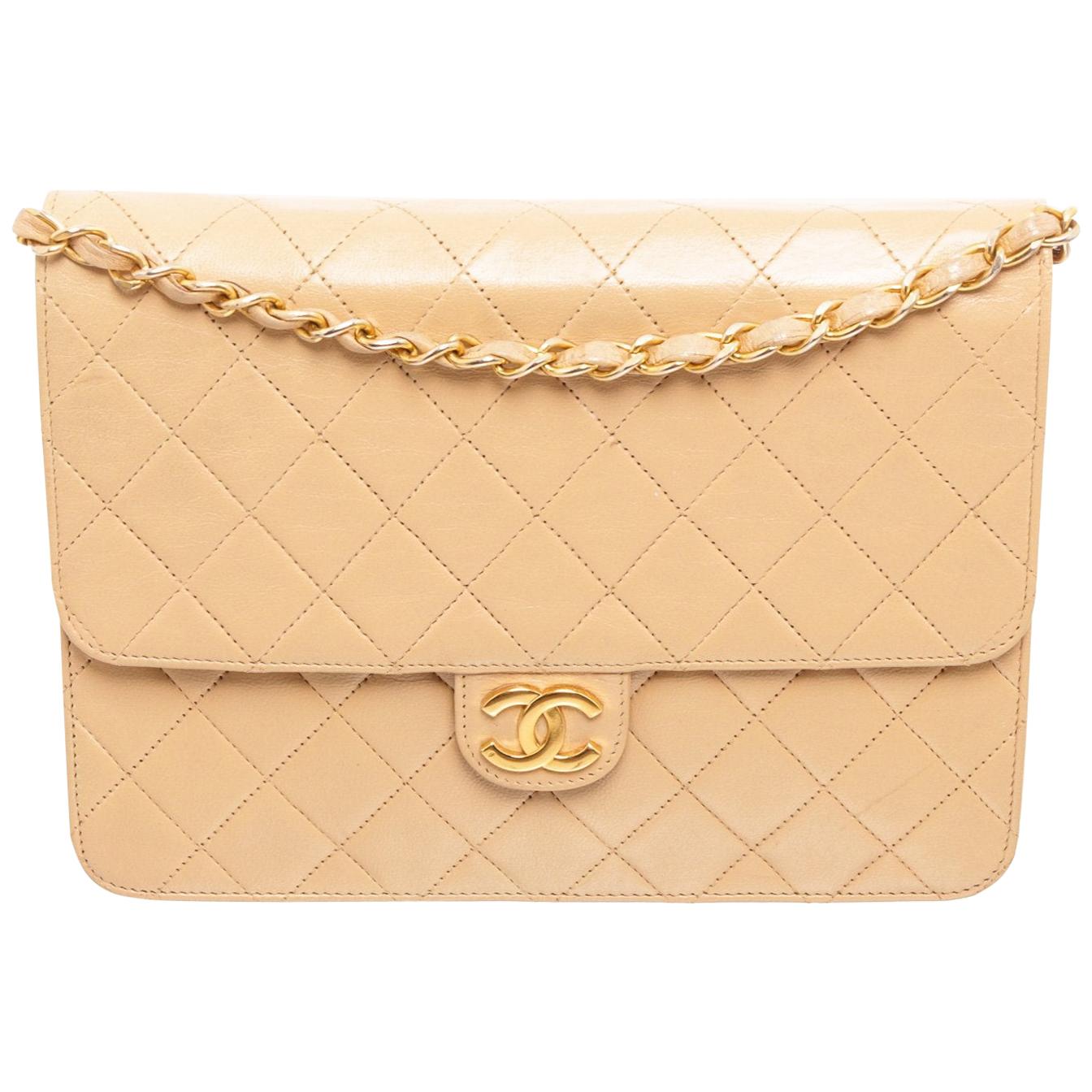 Chanel Beige Lambskin Leather Full Flap Bag