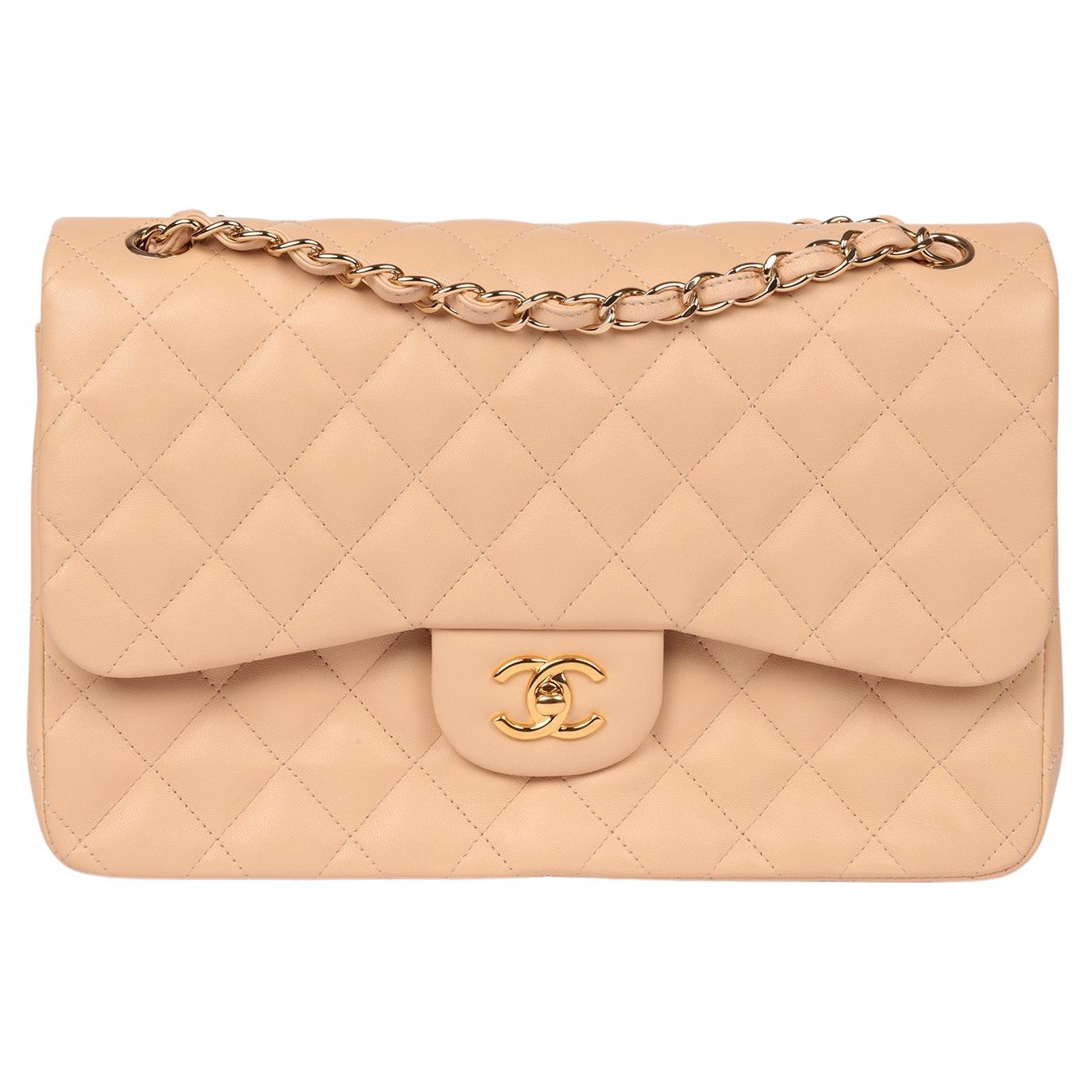 Chanel Beige Lambskin Leather Jumbo Classic Double Flap Bag For Sale
