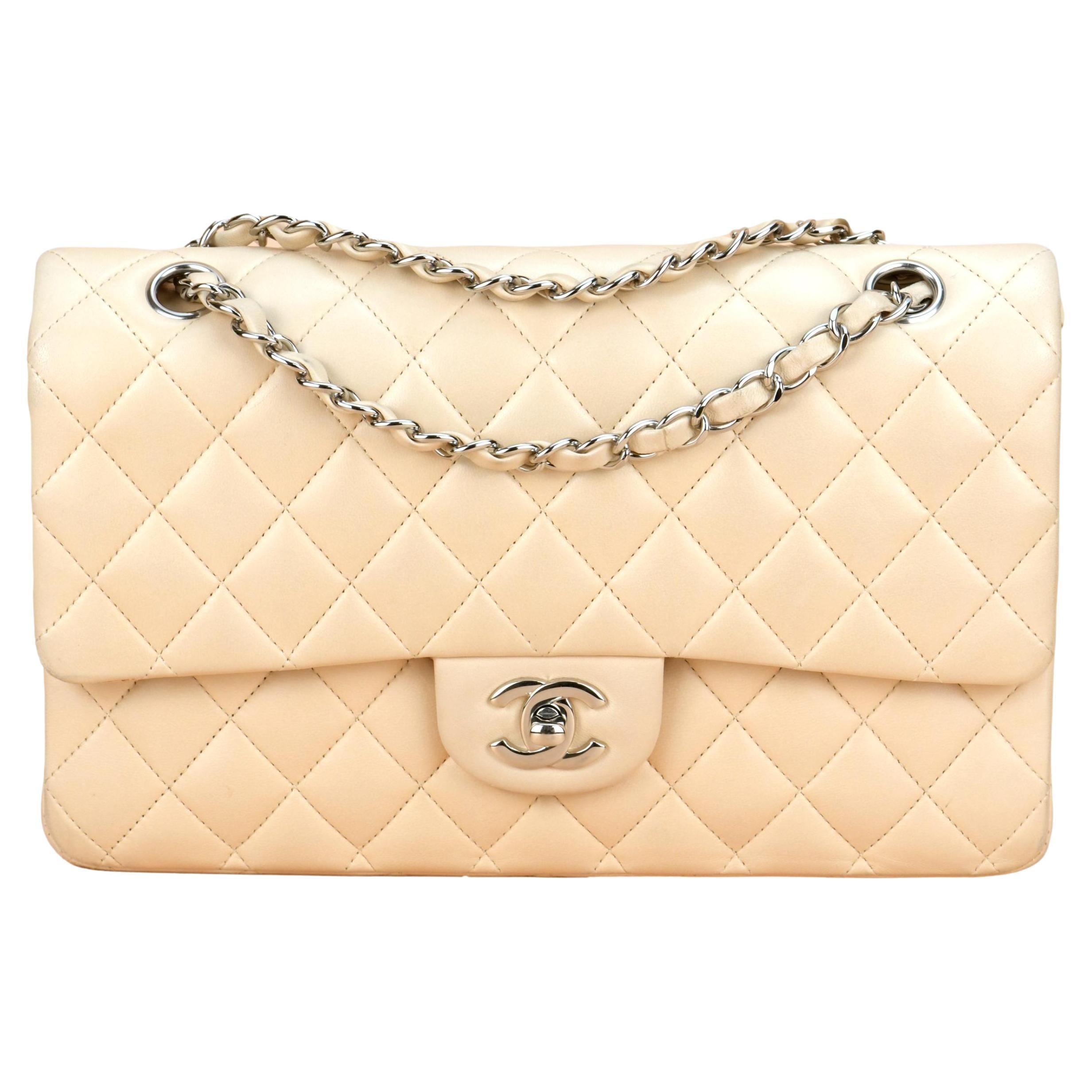 Chanel Beige Lambskin Medium Classic Double Flap Bag For Sale at