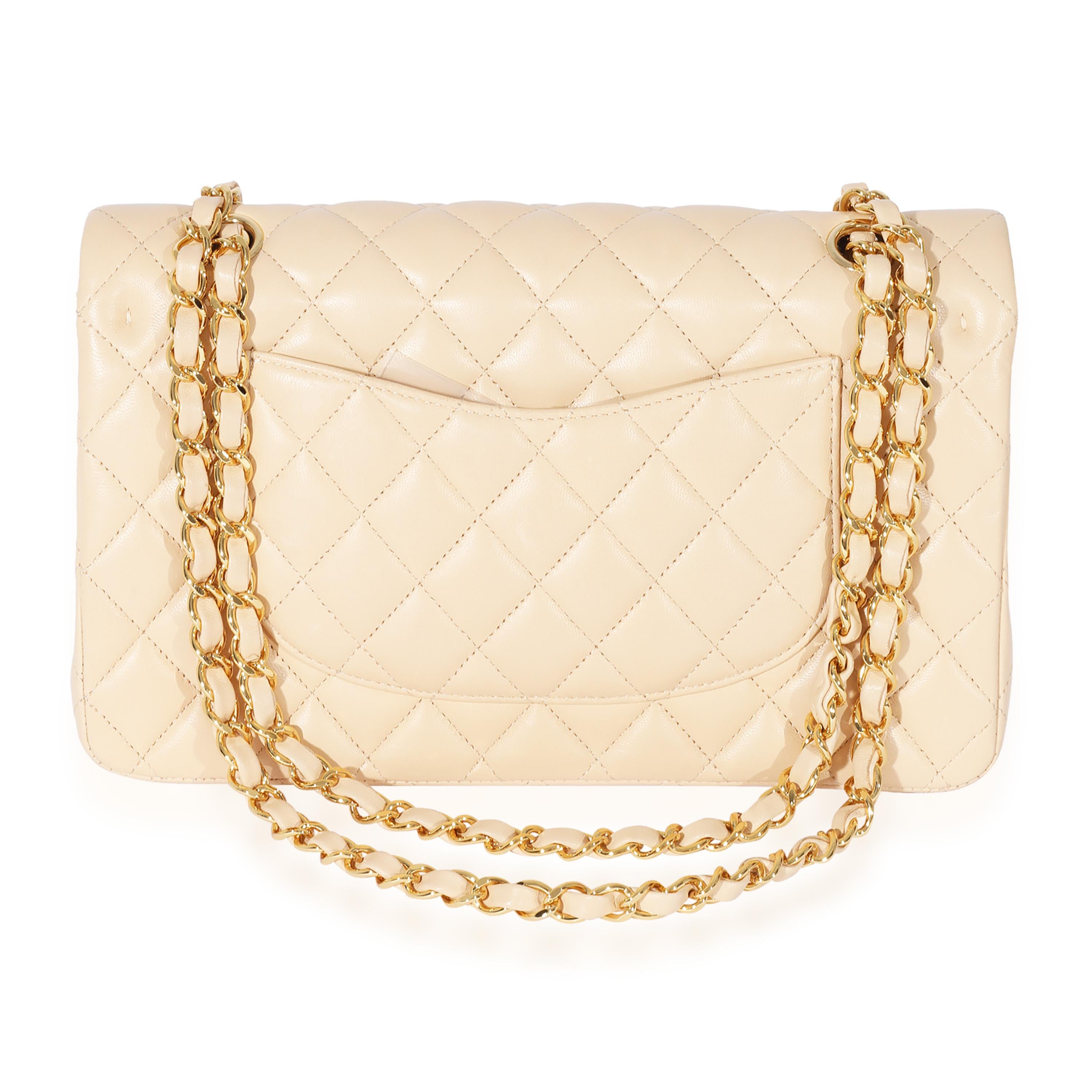 Chanel Beige Lambskin Medium Classic Flap Bag In Good Condition In New York, NY