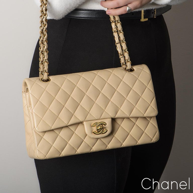 Chanel Beige Lambskin Medium Timeless Double Flap Bag For Sale at