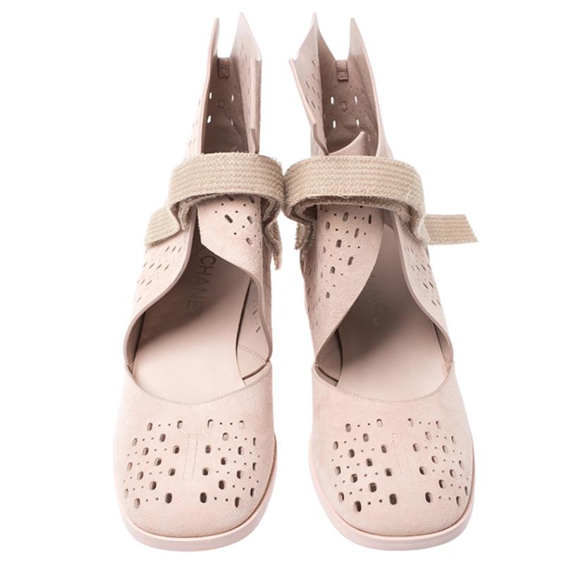 Chanel Beige Laser Cut Suede Velcro Ankle Boots Size 39.5 In New Condition In Dubai, Al Qouz 2