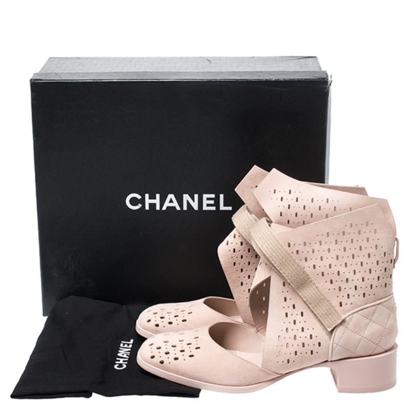 Chanel Beige Laser Cut Suede Velcro Ankle Boots Size 39.5 4