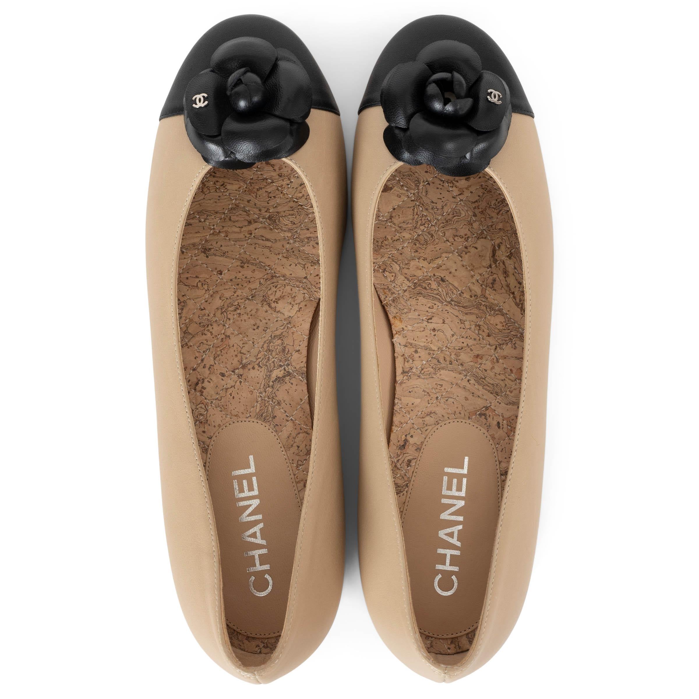 CHANEL beige leather 14C SINGAPORE CAMELLIA Ballet Flats Shoes 39.5 1