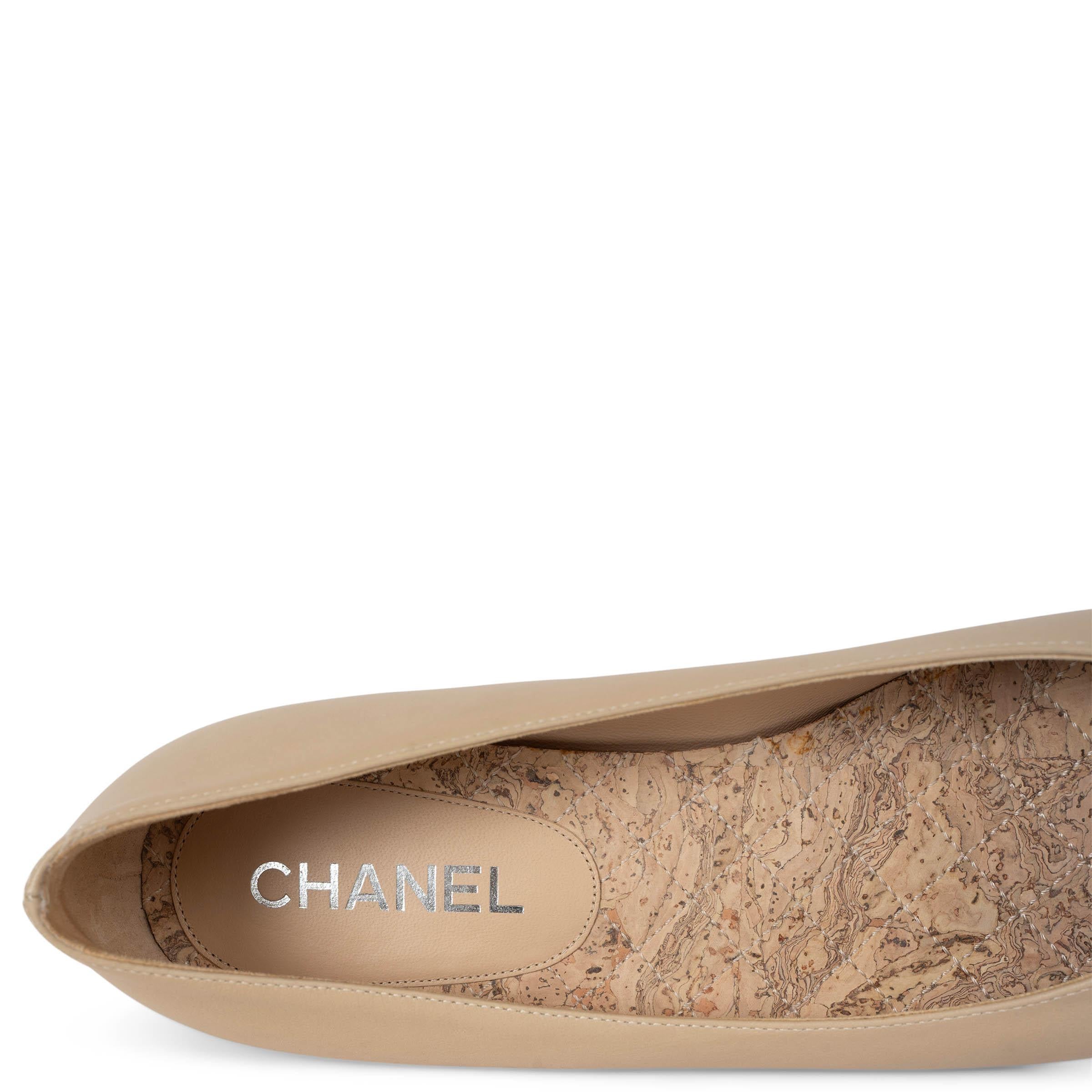 CHANEL beige leather 14C SINGAPORE CAMELLIA Ballet Flats Shoes 39.5 3