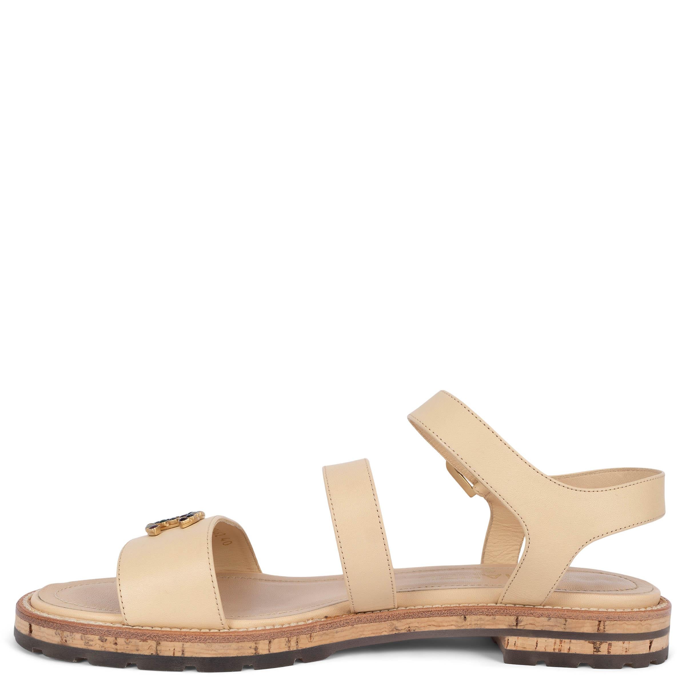 Women's CHANEL beige leather 2015 15P CC STRAPPY FLAT Sandals Shoes 40 fit 39.5