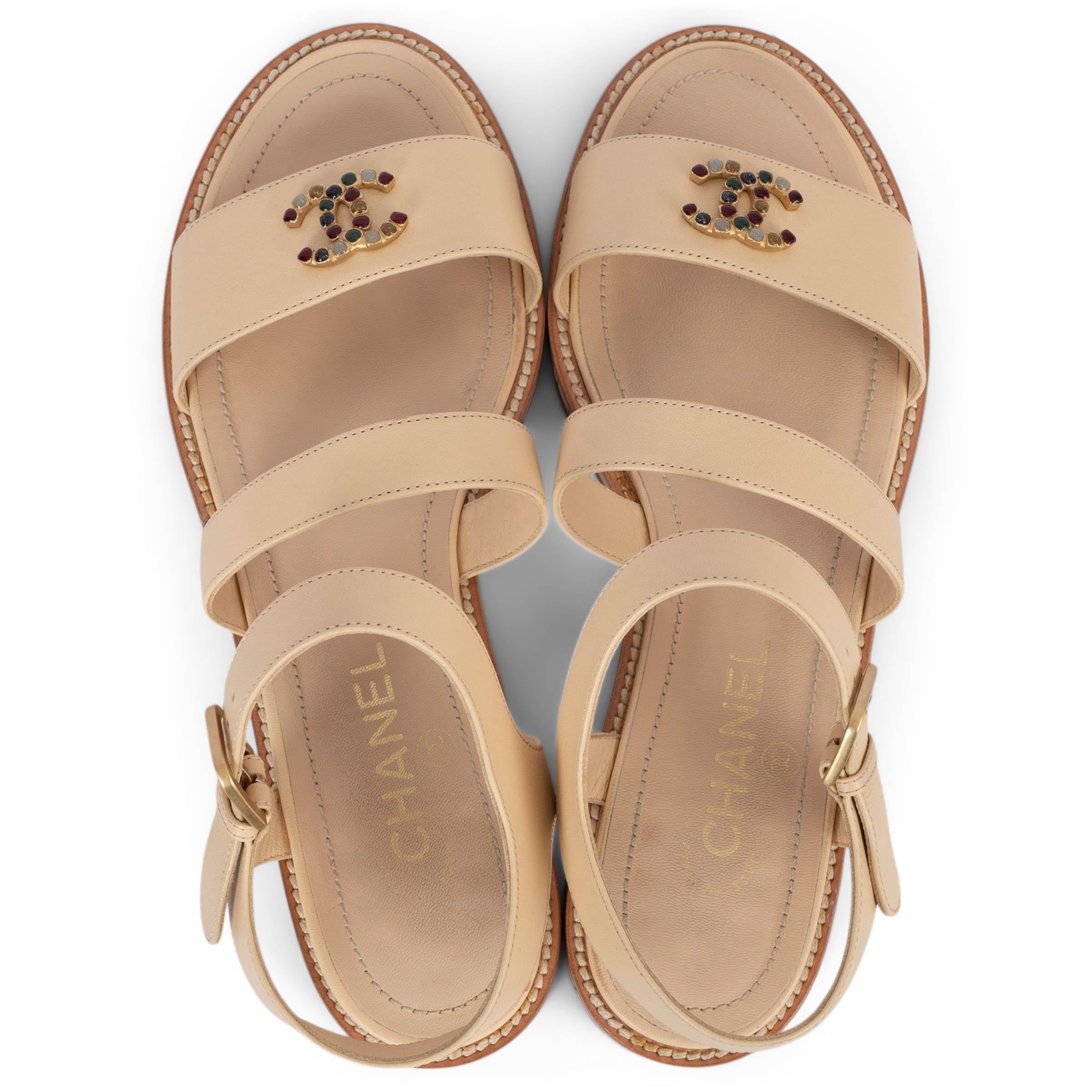 CHANEL beige leather 2015 15P CC STRAPPY FLAT Sandals Shoes 40 fit 39.5 2