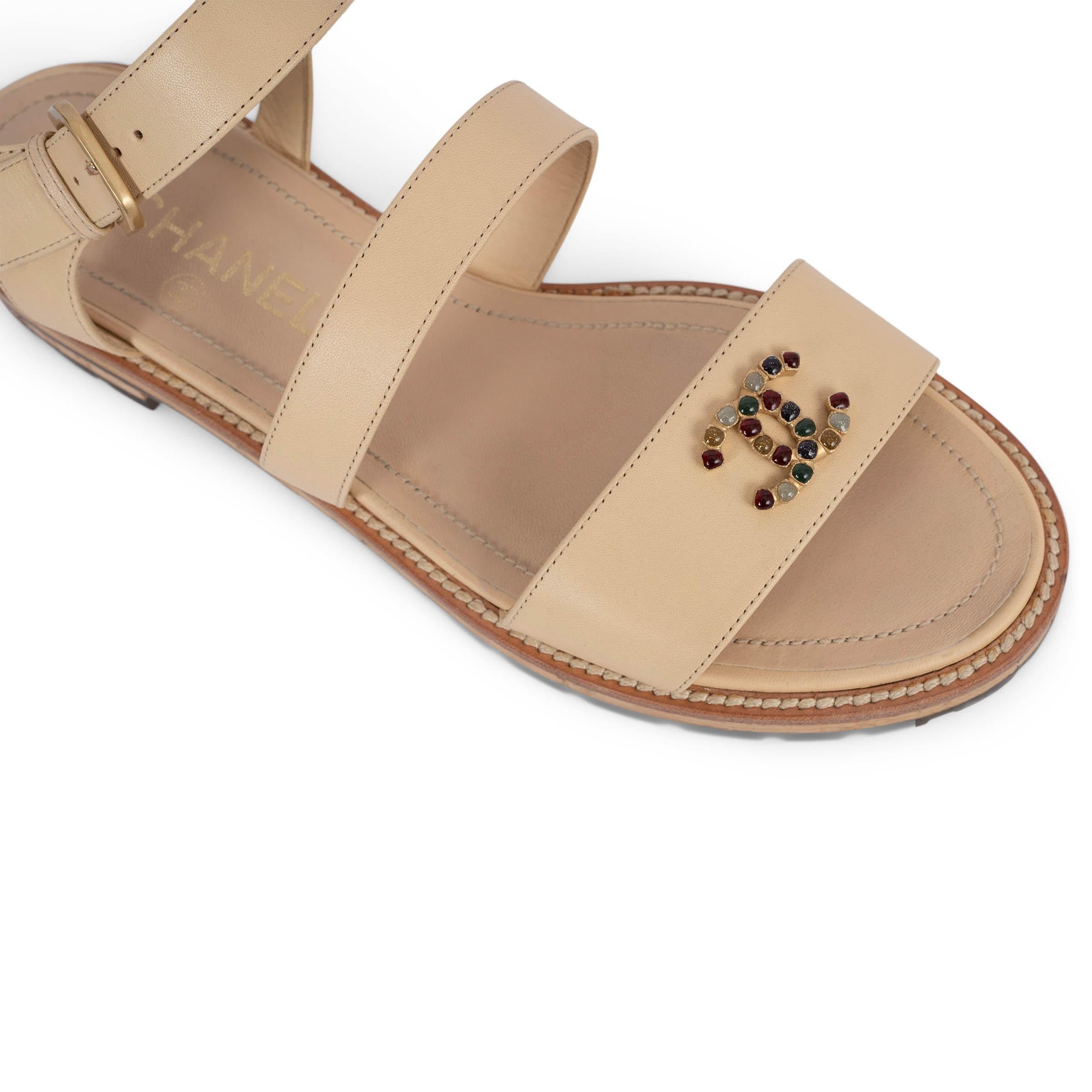 CHANEL beige leather 2015 15P CC STRAPPY FLAT Sandals Shoes 40 fit 39.5 3