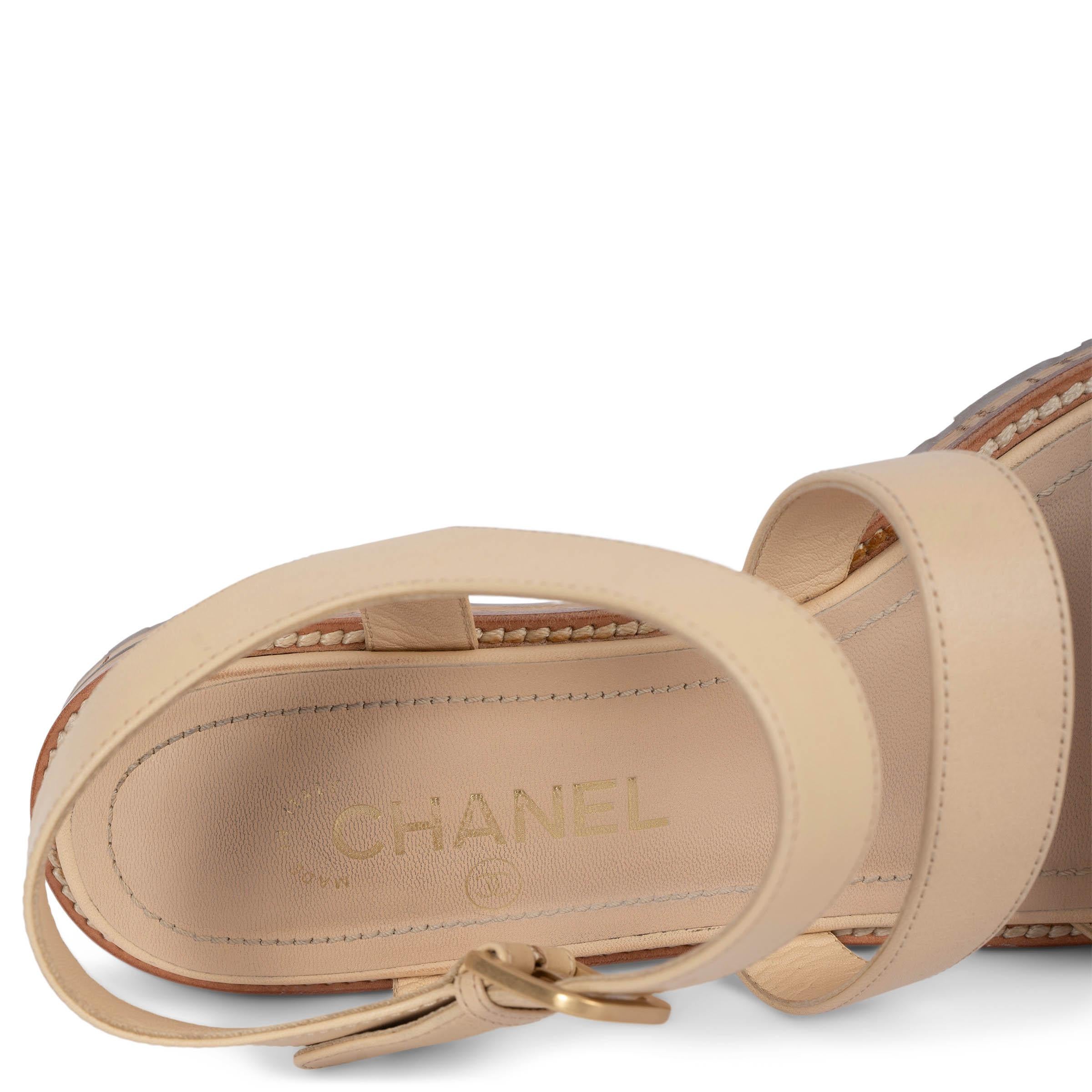 CHANEL beige leather 2015 15P CC STRAPPY FLAT Sandals Shoes 40 fit 39.5 4