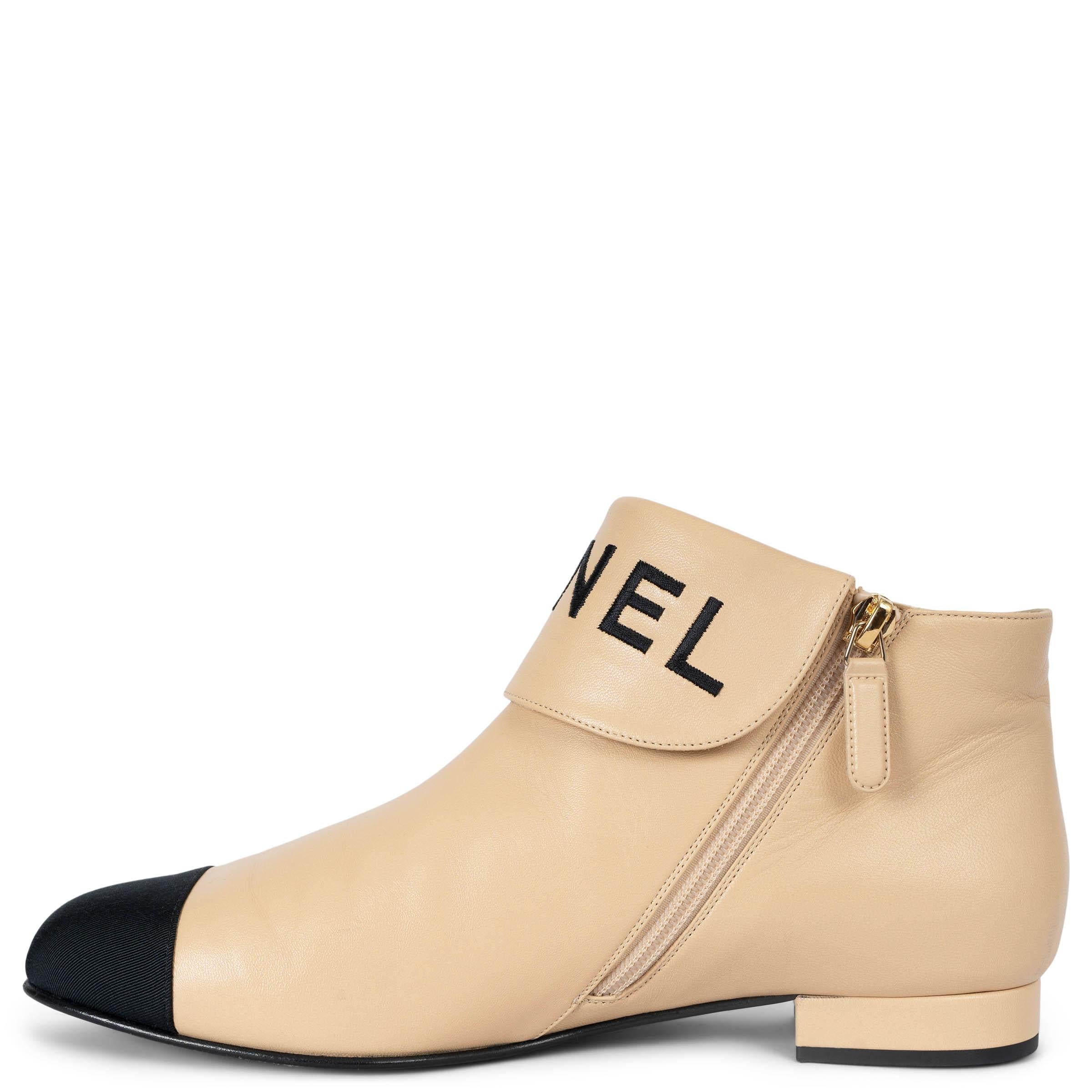Beige CHANEL beige leather 2019 19B LOGO FLAT Ankle Boots Shoes 39 For Sale