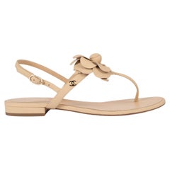 CHANEL beige leather 2019 19S CAMELLIA THONG Sandals Shoes 40.5 fit 39.5