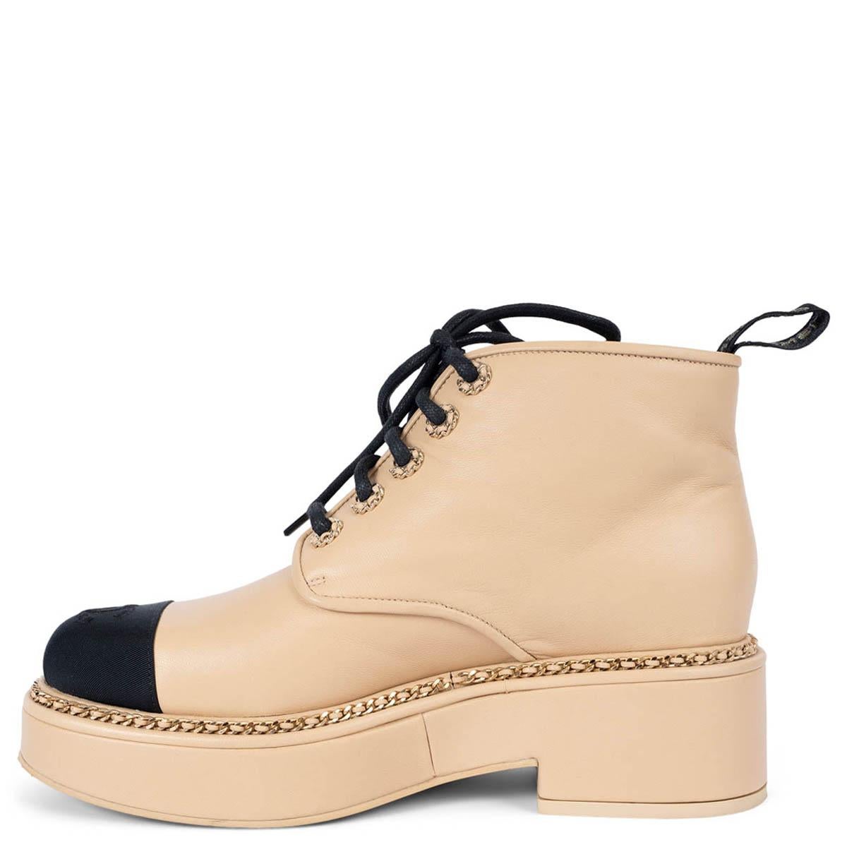 Women's CHANEL beige leather 2021 21P CHAIN TRIM PLATFORM Ankle Boots Shoes 39 For Sale