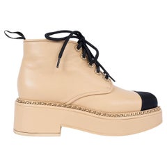CHANEL beige leather 2021 21P CHAIN TRIM PLATFORM Ankle Boots Shoes 39