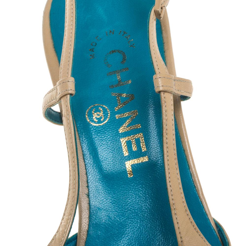 Chanel Beige Leather Accent Interlocking CC Slingback Sandals Size 36 2