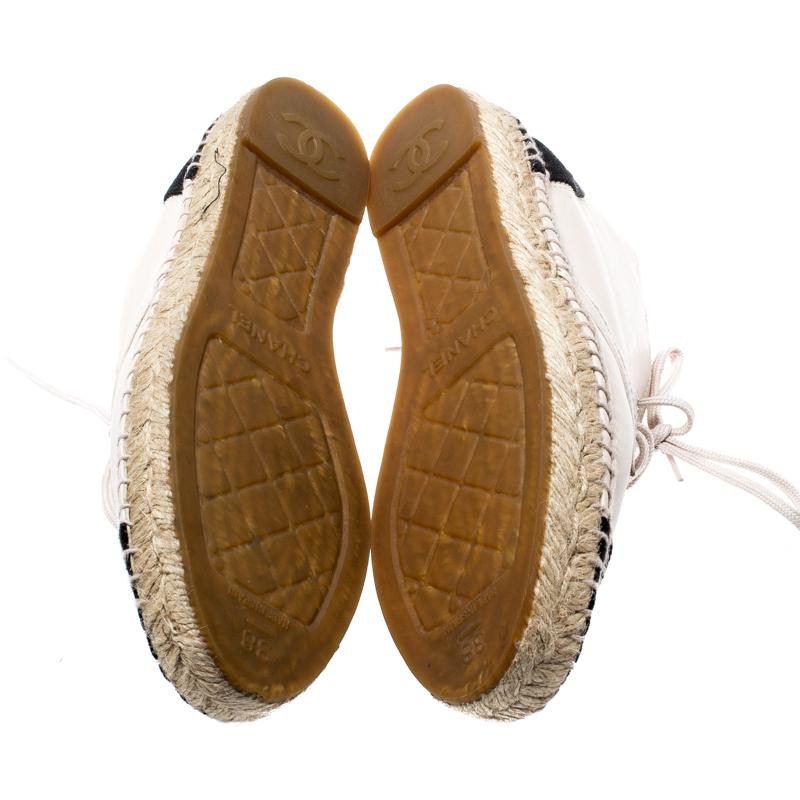 Women's Chanel Beige Leather And Black Canvas Cap Toe CC Espadrille Sneakers Size 38