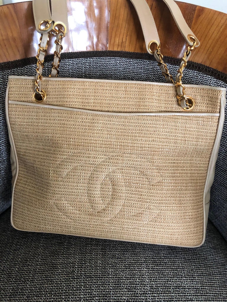 Chanel Beige Leather and Straw Shoulder Bag with Gold Hardware and ...