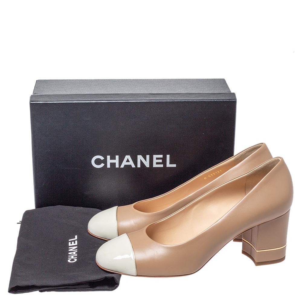 Chanel Beige Leather And White Patent Cap Toe Block Heel Pumps Size 41 1