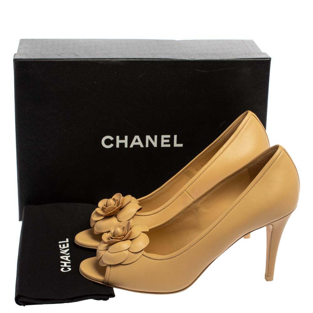 Chanel Beige Leather Camellia CC Open Toe Pumps Size 40 4