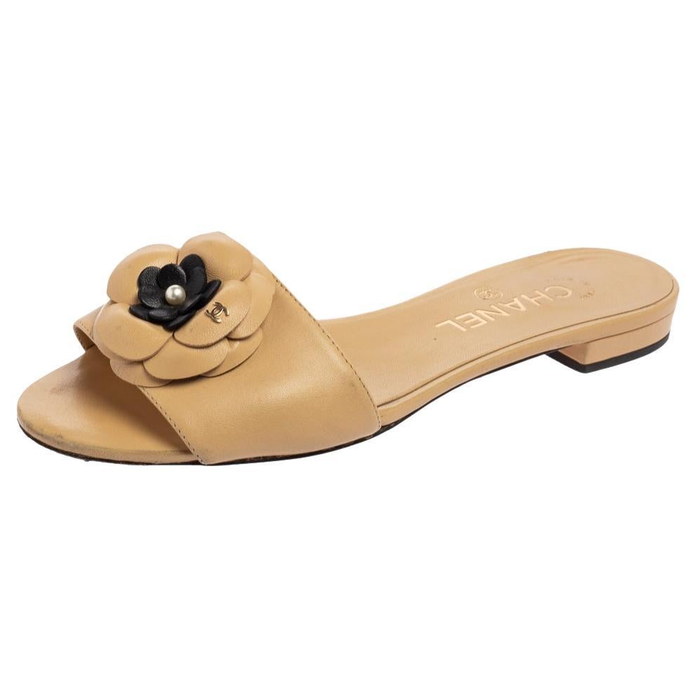 Chanel Beige Leather Camellia Flat Sandals Size 37 at 1stDibs