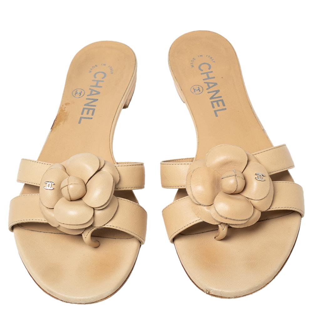 Chanel Beige Leather Camellia Flat Slides Size 37 1
