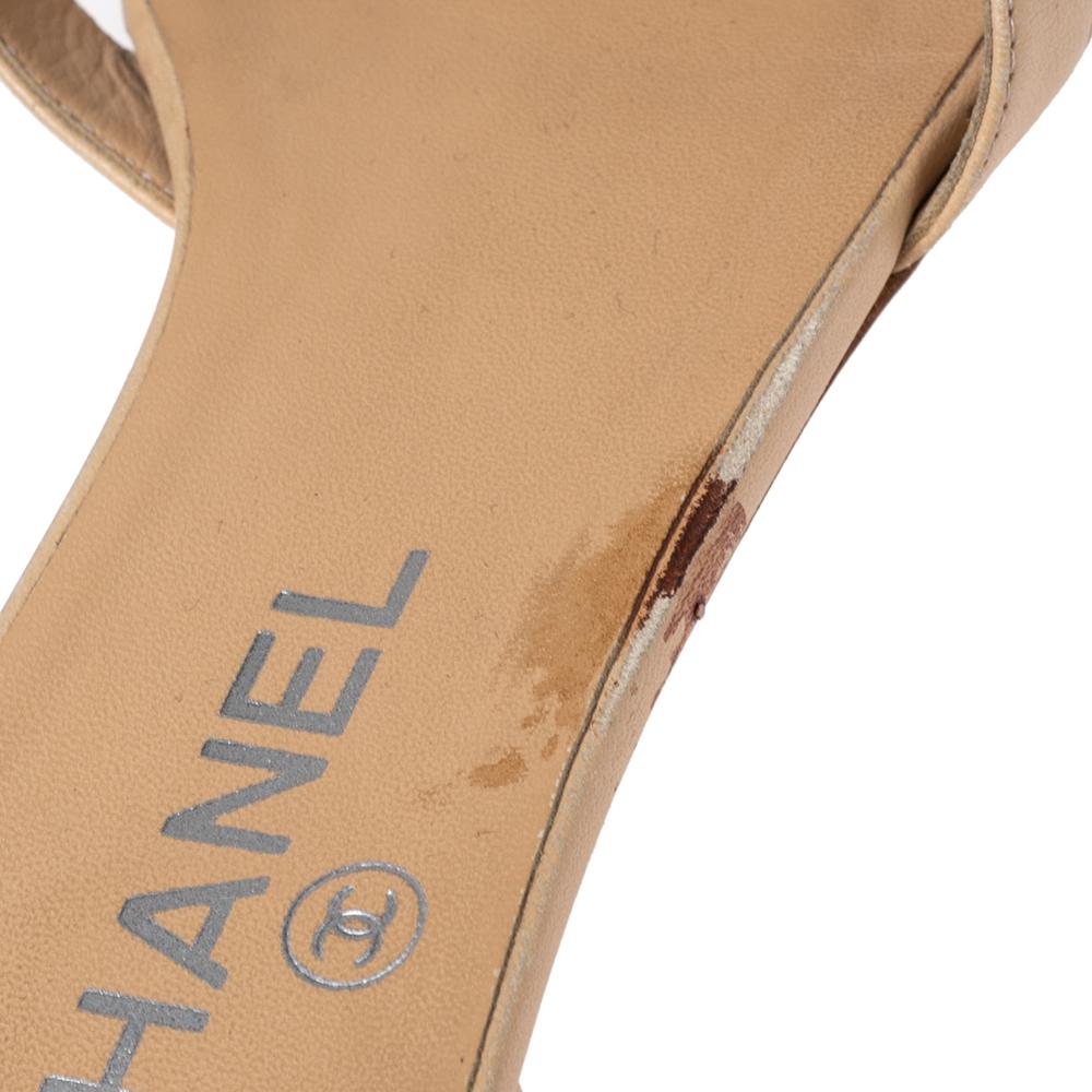 Chanel Beige Leather Camellia Flat Slides Size 37 2