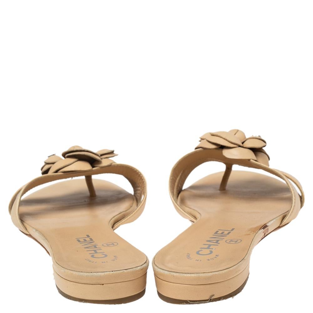 Chanel Beige Leather Camellia Flat Slides Size 37 3