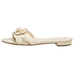 Chanel Beige Leather Camellia Open Toe Slide Sandals Size 37